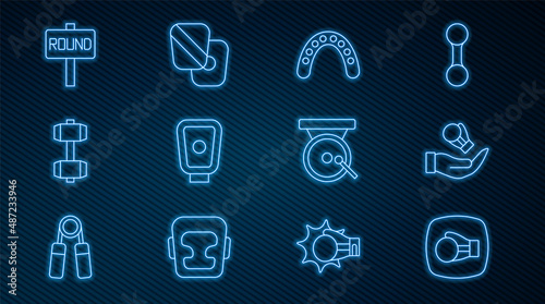 Set line Boxing glove, Mouth guard boxer, training paws, Dumbbell, ring board, gong and icon. Vector
