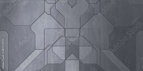 Fototapeta Naklejka Na Ścianę i Meble -  Futuristic conceptual design background. Spaceship texture wallpaper. Brushed technology pattern surface. 3D illustration. Symmetrical SciFi panels wall.