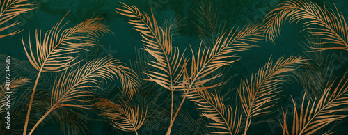 Dark luxury floral green background with golden palm leaves. Botanical art banner for design decoration, decor, web, wallpaper, textile