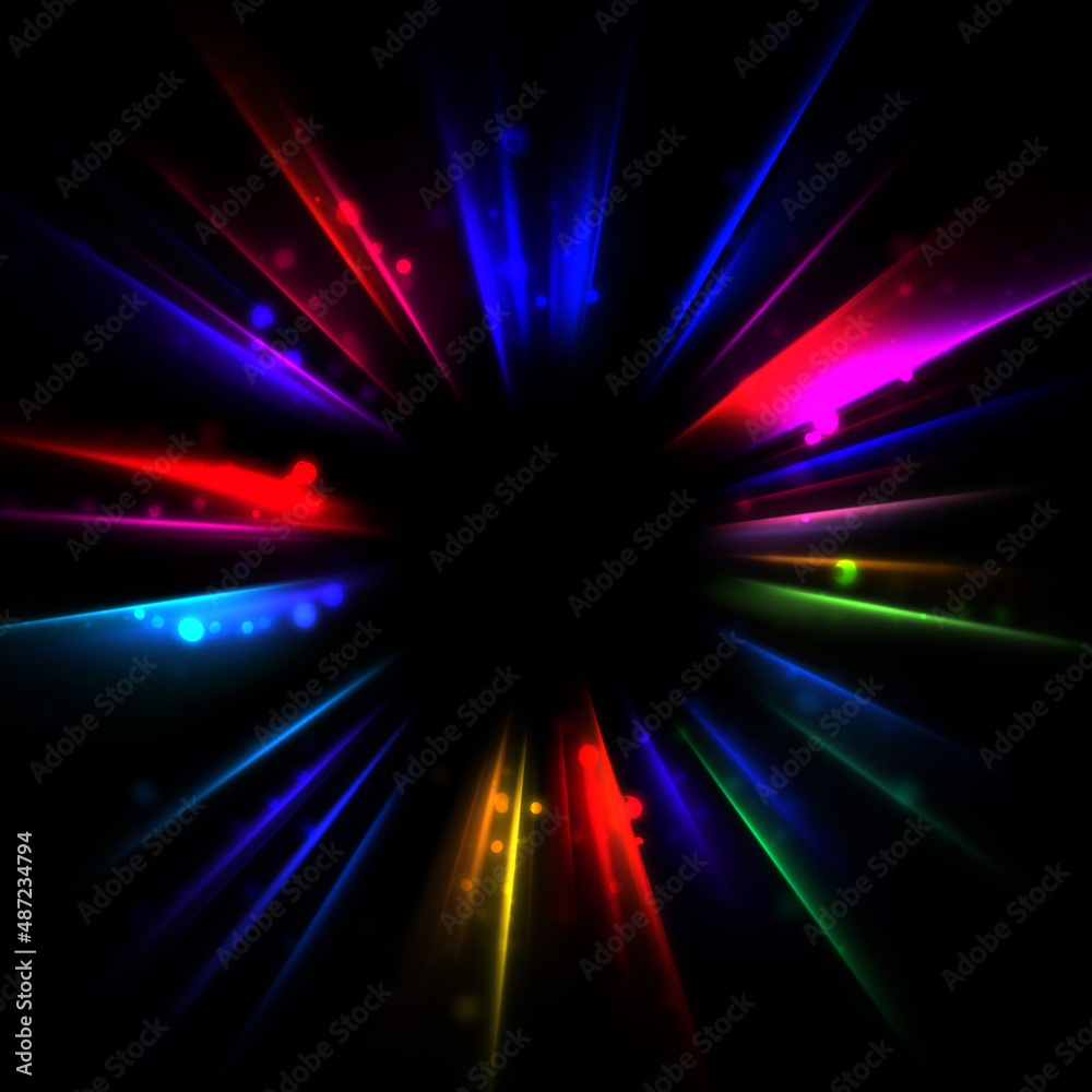 Obraz premium Pretty background of crossing beams of light and glowing particles. Wallpaper of vibrant colorful lights. Shinny light display.