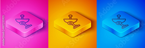 Isometric line Radar icon isolated on pink and orange, blue background. Search system. Satellite sign. Square button. Vector