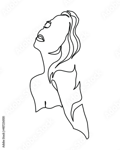  Woman beauty Fashion style Continuous line . Abstract vector template in trendy minimalistic style for fashion, print, romantic collection, card, etc. One line drawing. Vector illustration.