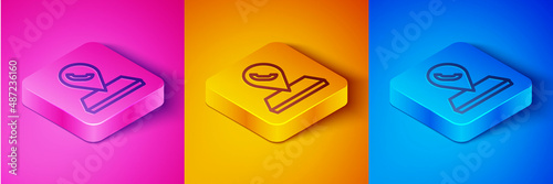 Isometric line Map pointer with telephone or communication icon isolated on pink and orange, blue background. Call center location. Square button. Vector