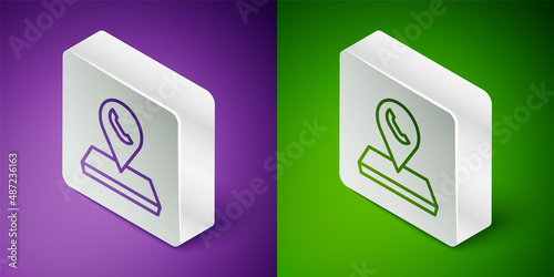 Isometric line Map pointer with telephone or communication icon isolated on purple and green background. Call center location. Silver square button. Vector