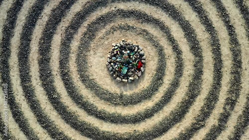 Spiral Labyrinth In Palm Canyon Road, Yuma, Arizona, USA. - aerial ascend