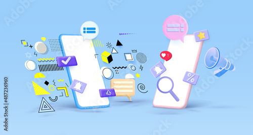 3d smartphone with modern fashionable colors and social network icons. Abstract fashion design for social media advertising. Empty phone for social communication applications. 3d vector illustration