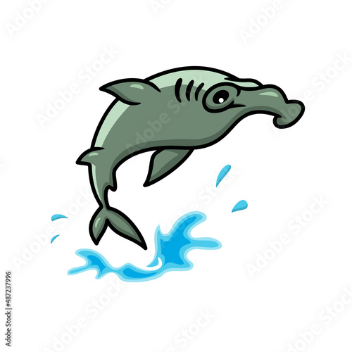 Cute little hammerhead shark cartoon jumping