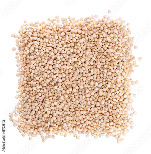 White quinoa seeds isolated on white background. Pile of raw kinwa. Top view.