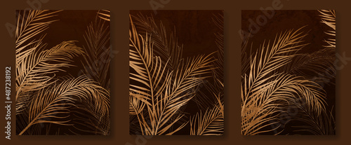 Luxury floral dark brown background with golden palm leaves. Botanical art banner for design decoration, decor, web, wallpaper, textile