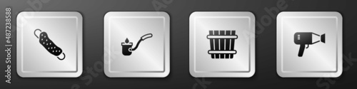 Set Washcloth, Sauna ladle, bucket and Hair dryer icon. Silver square button. Vector
