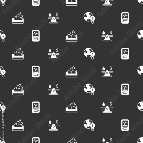 Set Global planet with bulb, Seismograph, Ore mining and Oil money on seamless pattern. Vector