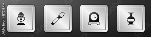 Set Chicken egg on a stand, Silver spoon, Antique clock and Ancient amphorae icon. Silver square button. Vector