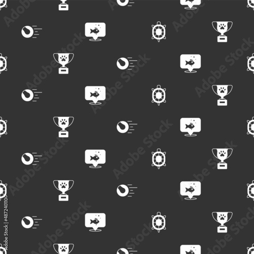 Set Turtle, Pet award symbol, toys ball and Fish on seamless pattern. Vector
