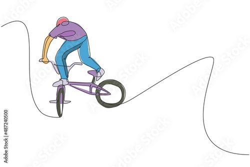 Single continuous line drawing of young BMX cycle rider show flying into the air trick in skatepark. BMX freestyle concept. One line draw design vector illustration for freestyle promotion art media