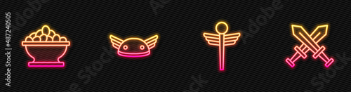 Set line Caduceus snake medical, Olives in bowl, Helmet with wings and Crossed medieval sword. Glowing neon icon. Vector