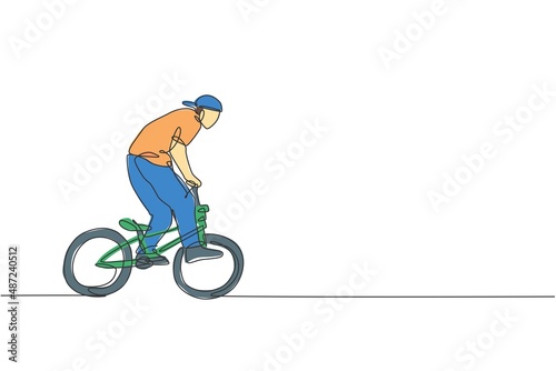 One continuous line drawing of young BMX bicycle rider performing dangerous trick at skatepark. Extreme sport concept vector illustration. Dynamic single line draw design for event promotion poster