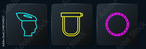 Set line Bicycle helmet, wheel and lock. Black square button. Vector
