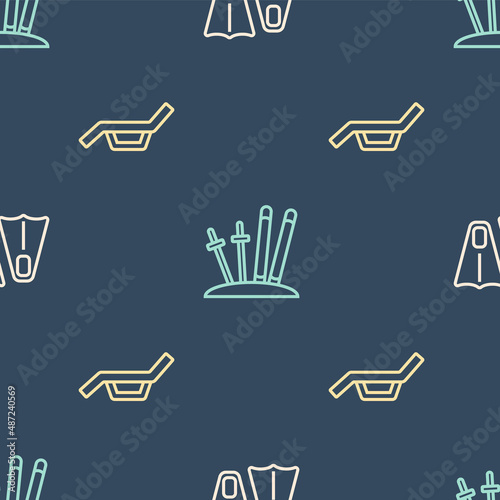 Set line Rubber flippers for swimming, Sunbed and umbrella and Ski sticks on seamless pattern. Vector