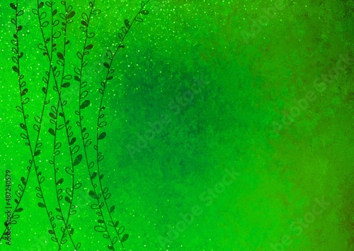 Green old vintage background with blur , gradient and grunge texture. Thin long twigs with leaves on a colored background. Watercolor texture with stains, splashes and brush strokes. 