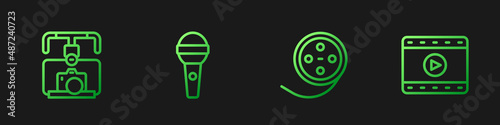 Set line Film reel, Gimbal stabilizer with camera, Microphone and Play Video. Gradient color icons. Vector