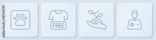 Set line Paw print, Volunteer team planting trees, Clothes donation and Male doctor. White square button. Vector