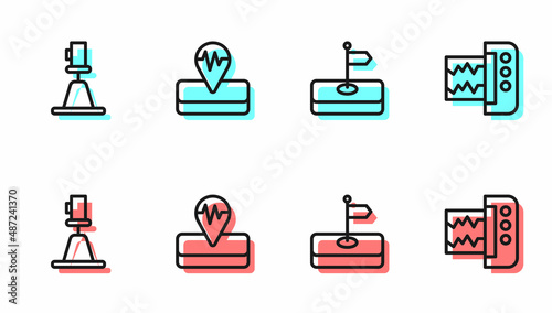 Set line Flag, Tacheometer, theodolite, Earthquake and Seismograph icon. Vector