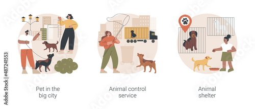 Urban pets abstract concept vector illustration set. Pet in the big city, animal control service, animal shelter volunteer, rescue service, walking place, stray dogs and cats abstract metaphor.