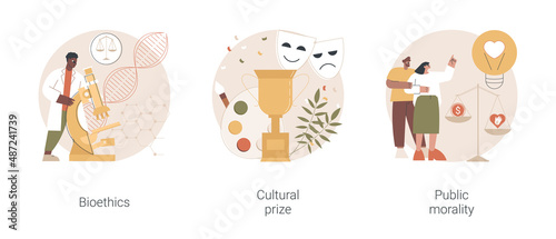 Culture and ethics abstract concept vector illustration set. Bioethics and genetic biotechnology, cultural prize, public morality and ethical standards, nobel laureate, life science abstract metaphor.