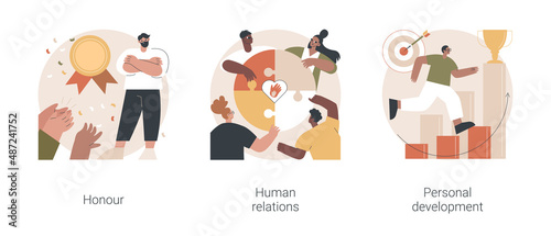 Social abilities abstract concept vector illustration set. Honour and high moral principles, human relations, personal development, public respect, self improvement, coach abstract metaphor.