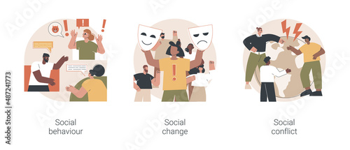 Social activity abstract concept vector illustration set. Social behaviour, public demonstration, collective protest, social conflict, school bullying, youth abuse, gang fighting abstract metaphor.