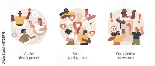 Social skills competence abstract concept vector illustration set. Social development and participation, women role in society and politics, gender equality rights, volunteering abstract metaphor.