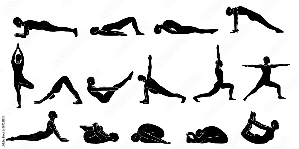  Set of drawings of skinny people doing yoga exercises. Healthy lifestyle. Silhouette cartoon characters collection of people doing various yoga poses isolated on white background - Vector.