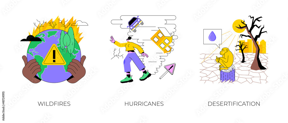 Natural disaster abstract concept vector illustration set. Wildfires and hurricanes, desertification and draught, deforestation problem, climate change, global warming, firefighting abstract metaphor.
