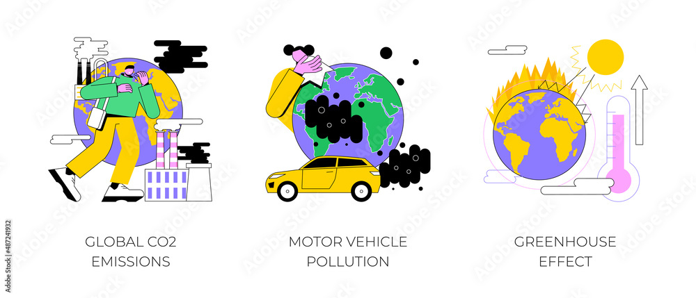 Fototapeta premium Air pollution abstract concept vector illustration set. Global CO2 emissions, motor vehicle pollution, greenhouse effect, car exhaust, transportation industry, ozone layer abstract metaphor.