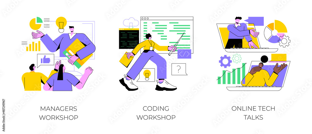 Employee skills training abstract concept vector illustration set. Managers and coding workshops, online tech talks, write code, software development, presentation, web session abstract metaphor.