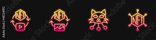 Set line NFT Digital crypto art, and blockchain technology. Glowing neon icon. Vector