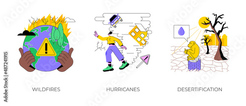 Natural disaster abstract concept vector illustration set. Wildfires and hurricanes, desertification and draught, deforestation problem, climate change, global warming, firefighting abstract metaphor.