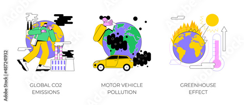 Air pollution abstract concept vector illustration set. Global CO2 emissions  motor vehicle pollution  greenhouse effect  car exhaust  transportation industry  ozone layer abstract metaphor.