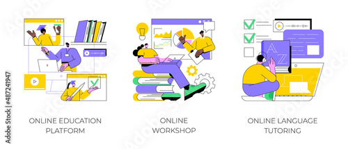 Distance web learning abstract concept vector illustration set. Online education platform, workshop and language tutoring, video call, educational webinar, personal tutor courses abstract metaphor.