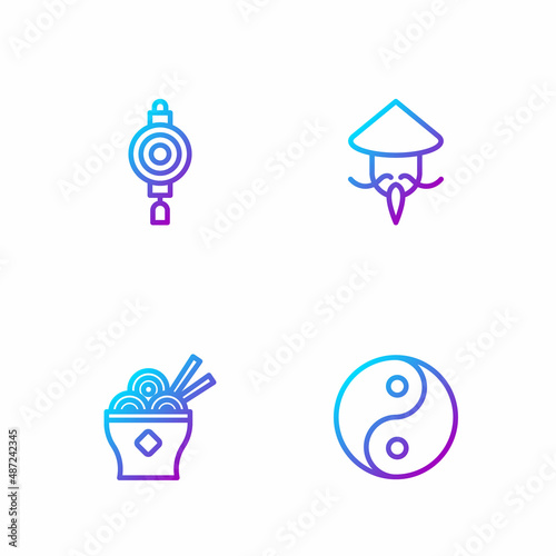 Set line Yin Yang symbol, Asian noodles bowl, Chinese paper lantern and or conical straw hat. Gradient color icons. Vector