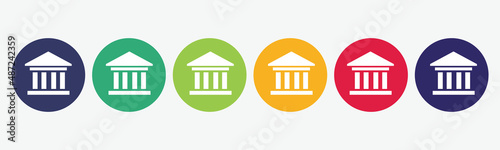 6 circles set with bank icon in various colors. Vector illustration.