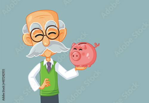 Happy Grandpa Holding a Piggy Bank with Life Savings Vector Cartoon