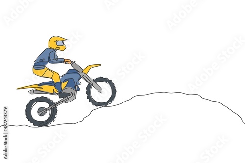 One continuous line drawing of young motocross rider climb mound of land at race track. Extreme sport concept. Dynamic single line draw design vector illustration for motocross competition poster