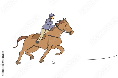 Single continuous line drawing of young professional horseback rider running with a horse around the stables. Equestrian sport training process concept. Trendy one line draw design vector illustration © Simple Line