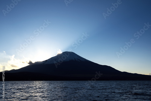 夕焼け時の山中湖から見える美しい富士山の風景
