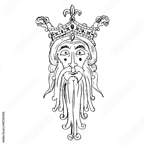 Head of Norse god Woden or Odin. Portrait of a bearded man in royal crown. Male head. Face of medieval kind. Hand drawn linear doodle rough sketch. Black silhouette on white background.