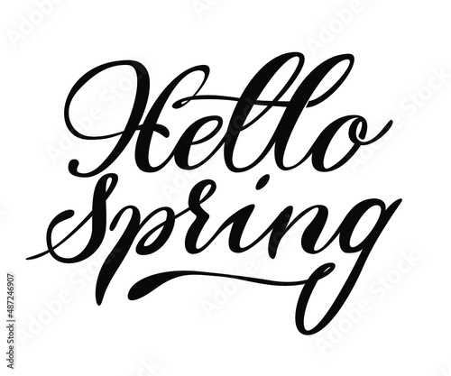 Lettering in vector format in black. Beautiful inscription hello spring. Perfectly will be suitable for postcards  for registrations of discounts  shops  banners on the websites. 