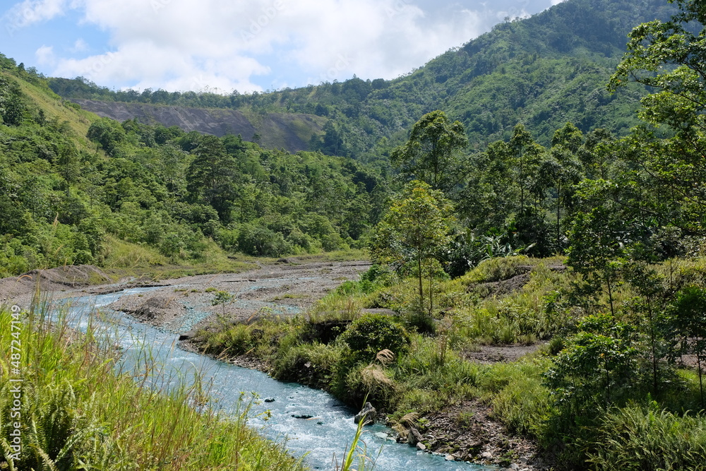 A winding river waterway at Panguna copper and gold min in the Autonomous Region of Bougainville, Papua New Guinea