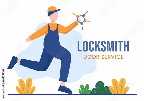 Locksmith Repairman Home Maintenance, Repair and Installation Service with Equipment as Screwdriver or Key in Flat Cartoon Background Illustration