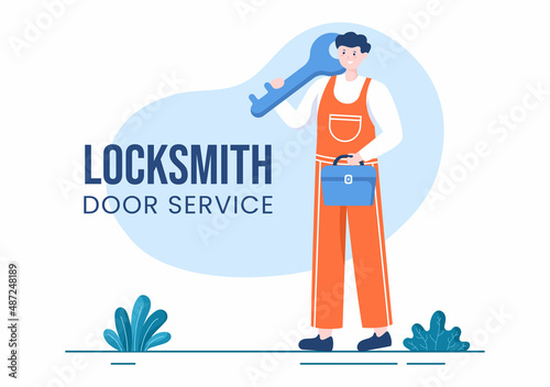 Locksmith Repairman Home Maintenance, Repair and Installation Service with Equipment as Screwdriver or Key in Flat Cartoon Background Illustration